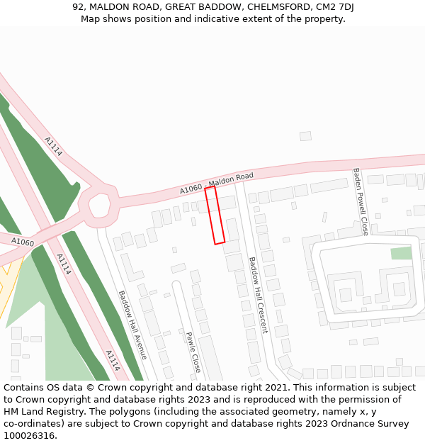 92, MALDON ROAD, GREAT BADDOW, CHELMSFORD, CM2 7DJ: Location map and indicative extent of plot