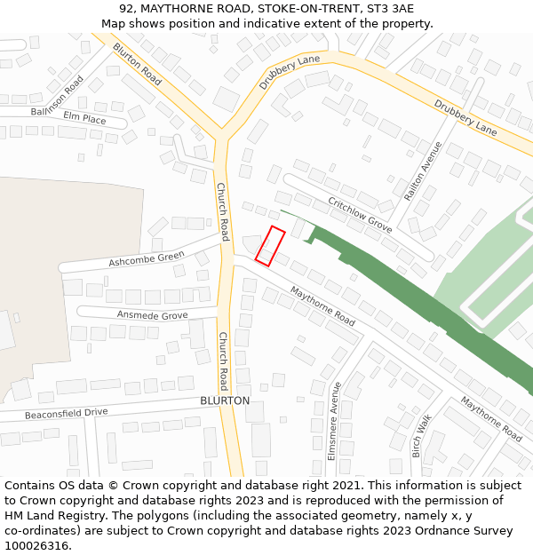 92, MAYTHORNE ROAD, STOKE-ON-TRENT, ST3 3AE: Location map and indicative extent of plot