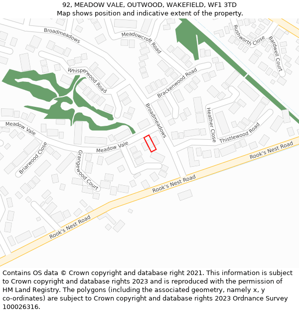 92, MEADOW VALE, OUTWOOD, WAKEFIELD, WF1 3TD: Location map and indicative extent of plot