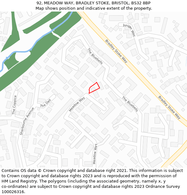 92, MEADOW WAY, BRADLEY STOKE, BRISTOL, BS32 8BP: Location map and indicative extent of plot