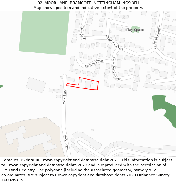 92, MOOR LANE, BRAMCOTE, NOTTINGHAM, NG9 3FH: Location map and indicative extent of plot