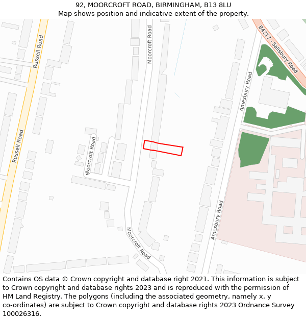 92, MOORCROFT ROAD, BIRMINGHAM, B13 8LU: Location map and indicative extent of plot