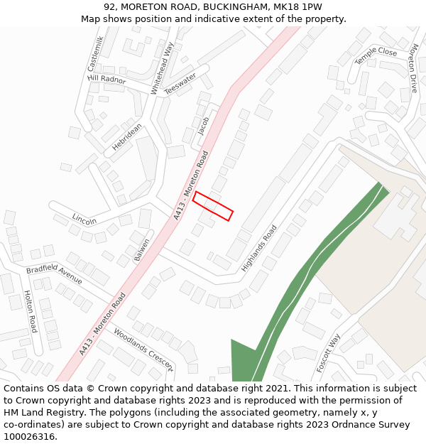 92, MORETON ROAD, BUCKINGHAM, MK18 1PW: Location map and indicative extent of plot