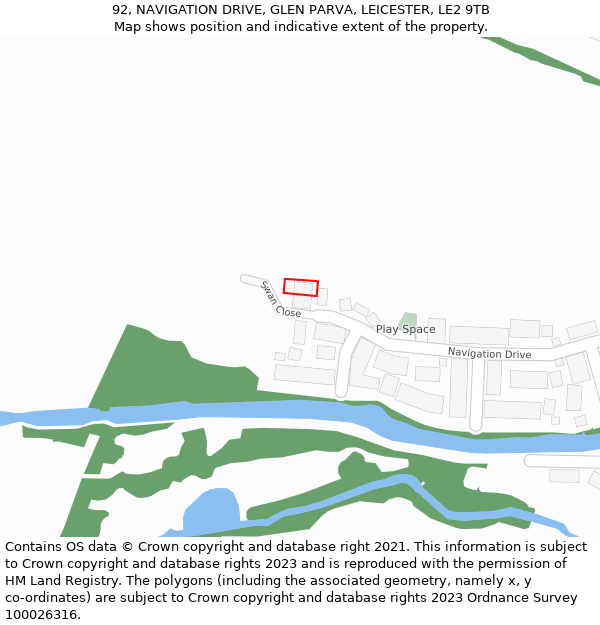 92, NAVIGATION DRIVE, GLEN PARVA, LEICESTER, LE2 9TB: Location map and indicative extent of plot