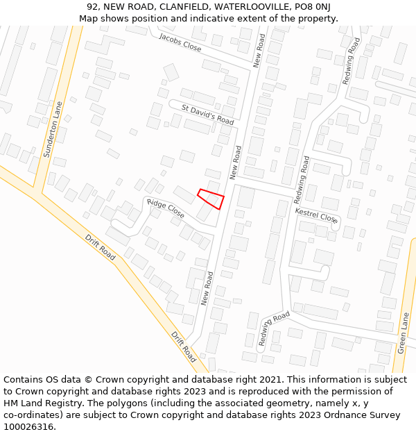 92, NEW ROAD, CLANFIELD, WATERLOOVILLE, PO8 0NJ: Location map and indicative extent of plot