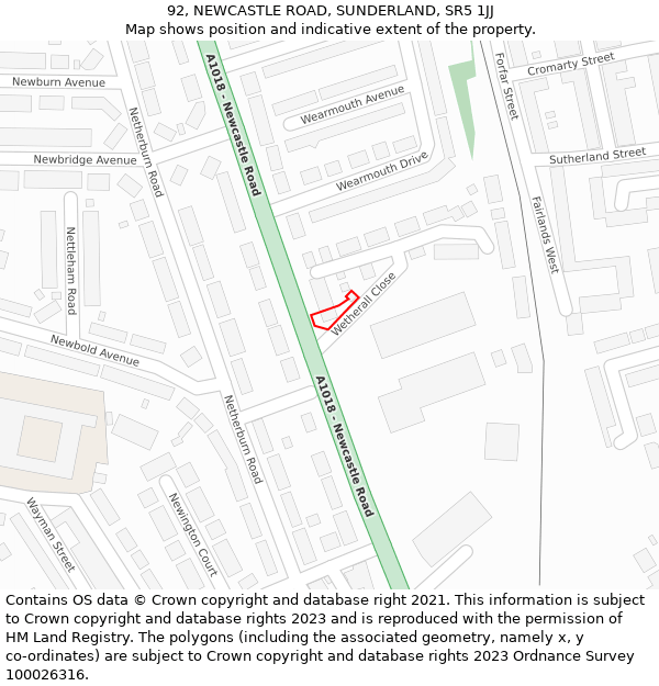 92, NEWCASTLE ROAD, SUNDERLAND, SR5 1JJ: Location map and indicative extent of plot