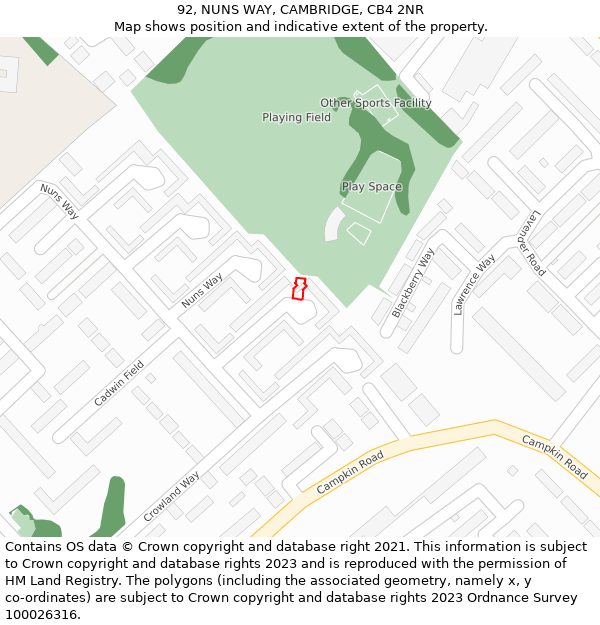 92, NUNS WAY, CAMBRIDGE, CB4 2NR: Location map and indicative extent of plot