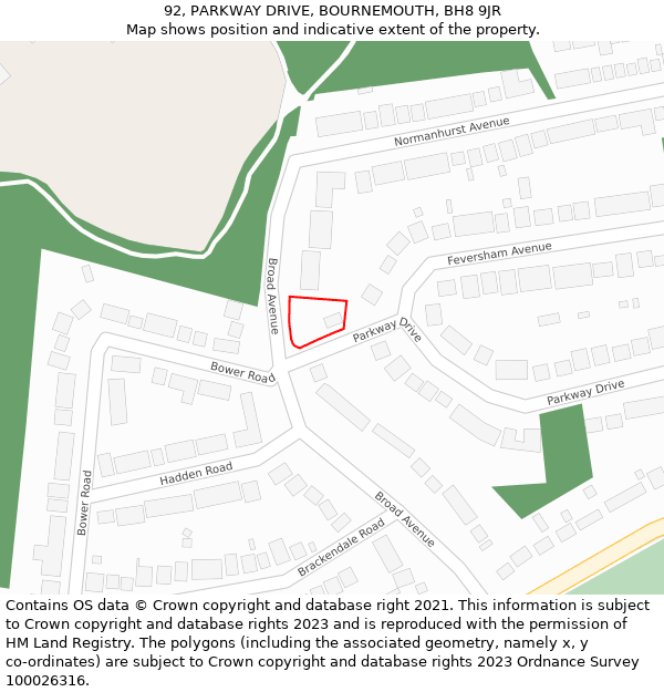 92, PARKWAY DRIVE, BOURNEMOUTH, BH8 9JR: Location map and indicative extent of plot