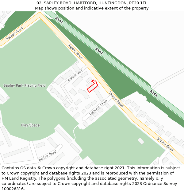 92, SAPLEY ROAD, HARTFORD, HUNTINGDON, PE29 1EL: Location map and indicative extent of plot