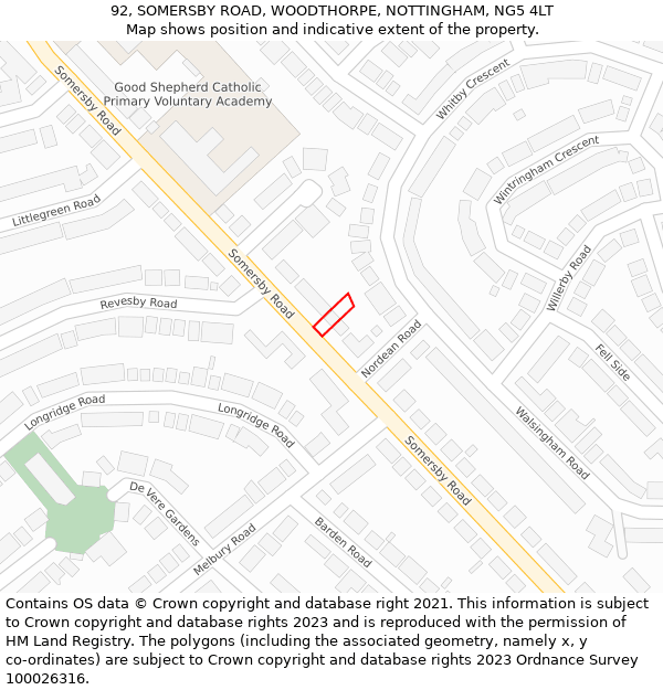 92, SOMERSBY ROAD, WOODTHORPE, NOTTINGHAM, NG5 4LT: Location map and indicative extent of plot