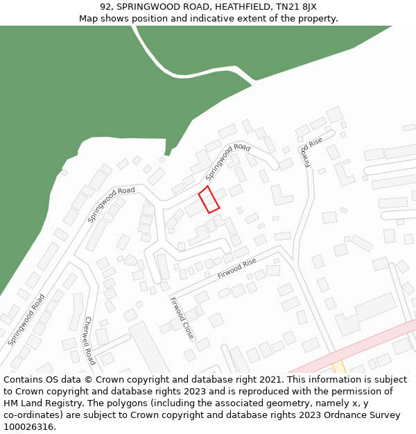 92, SPRINGWOOD ROAD, HEATHFIELD, TN21 8JX: Location map and indicative extent of plot