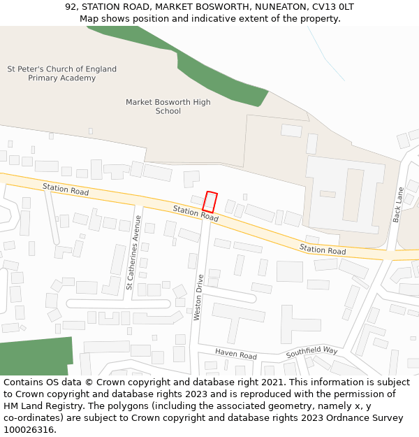 92, STATION ROAD, MARKET BOSWORTH, NUNEATON, CV13 0LT: Location map and indicative extent of plot