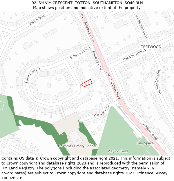 92, SYLVIA CRESCENT, TOTTON, SOUTHAMPTON, SO40 3LN: Location map and indicative extent of plot