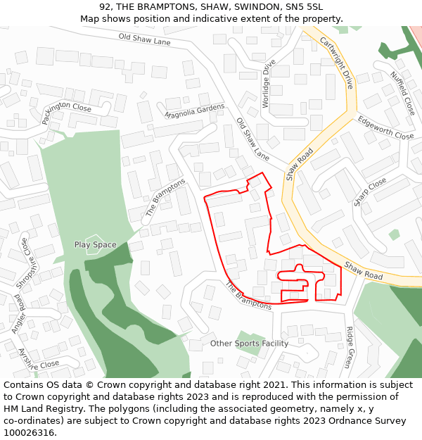 92, THE BRAMPTONS, SHAW, SWINDON, SN5 5SL: Location map and indicative extent of plot