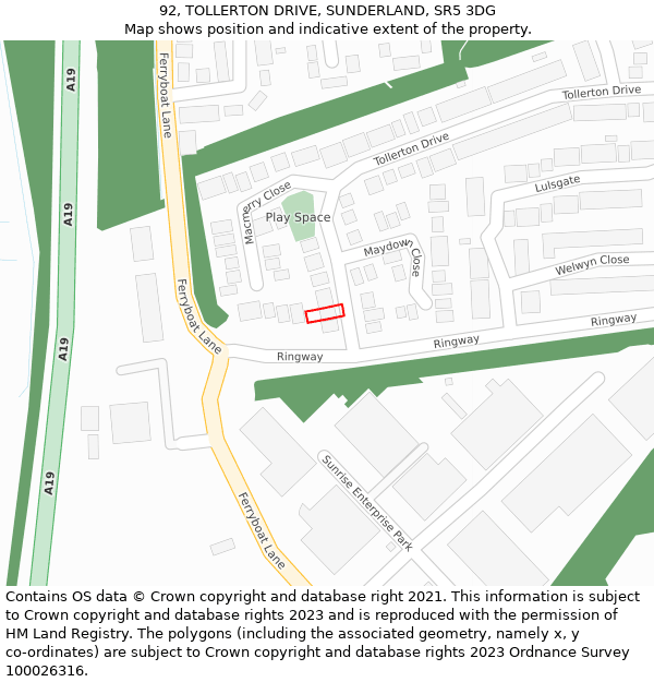 92, TOLLERTON DRIVE, SUNDERLAND, SR5 3DG: Location map and indicative extent of plot