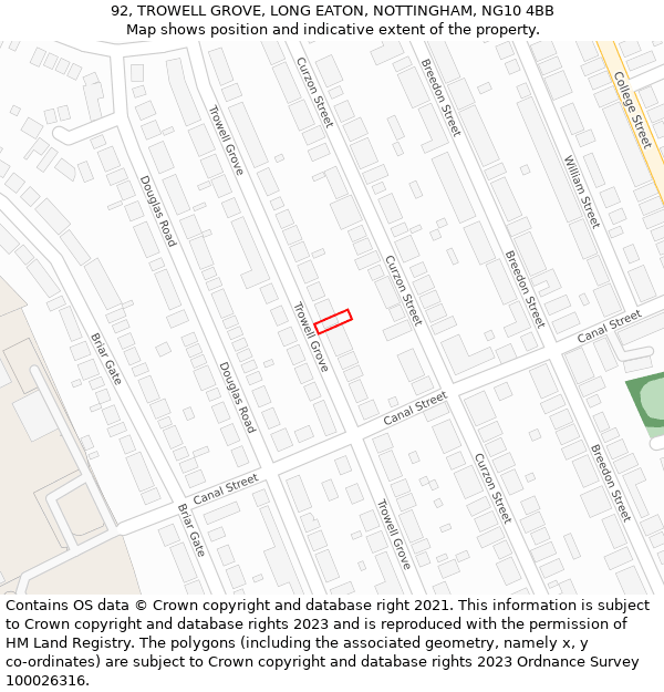 92, TROWELL GROVE, LONG EATON, NOTTINGHAM, NG10 4BB: Location map and indicative extent of plot