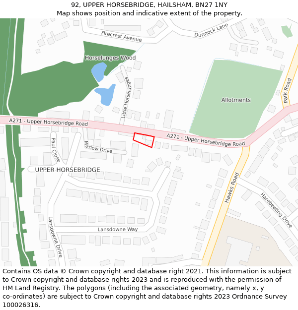 92, UPPER HORSEBRIDGE, HAILSHAM, BN27 1NY: Location map and indicative extent of plot