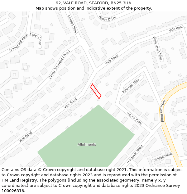 92, VALE ROAD, SEAFORD, BN25 3HA: Location map and indicative extent of plot