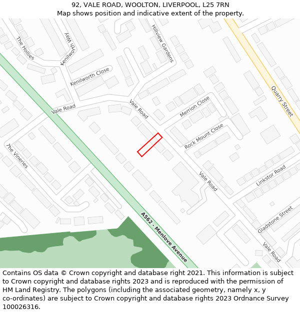 92, VALE ROAD, WOOLTON, LIVERPOOL, L25 7RN: Location map and indicative extent of plot