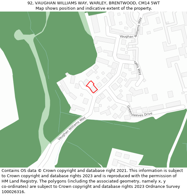 92, VAUGHAN WILLIAMS WAY, WARLEY, BRENTWOOD, CM14 5WT: Location map and indicative extent of plot