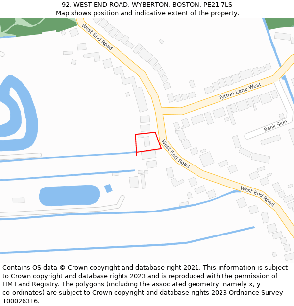 92, WEST END ROAD, WYBERTON, BOSTON, PE21 7LS: Location map and indicative extent of plot