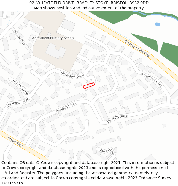 92, WHEATFIELD DRIVE, BRADLEY STOKE, BRISTOL, BS32 9DD: Location map and indicative extent of plot