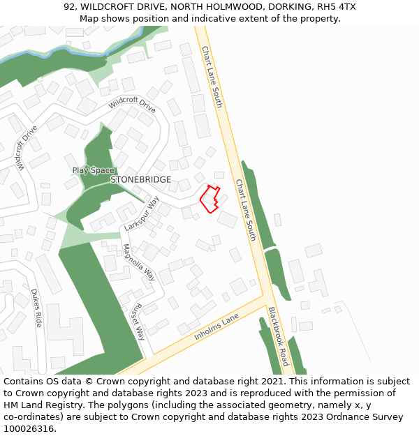 92, WILDCROFT DRIVE, NORTH HOLMWOOD, DORKING, RH5 4TX: Location map and indicative extent of plot