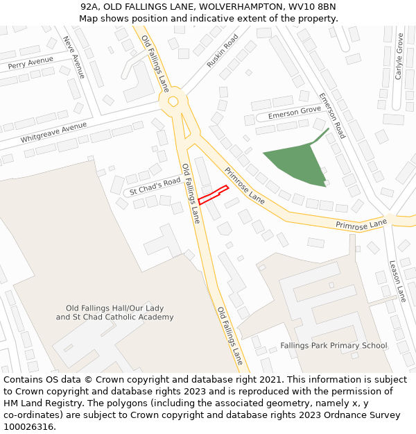 92A, OLD FALLINGS LANE, WOLVERHAMPTON, WV10 8BN: Location map and indicative extent of plot