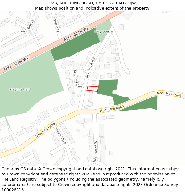 92B, SHEERING ROAD, HARLOW, CM17 0JW: Location map and indicative extent of plot