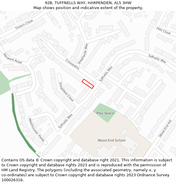 92B, TUFFNELLS WAY, HARPENDEN, AL5 3HW: Location map and indicative extent of plot