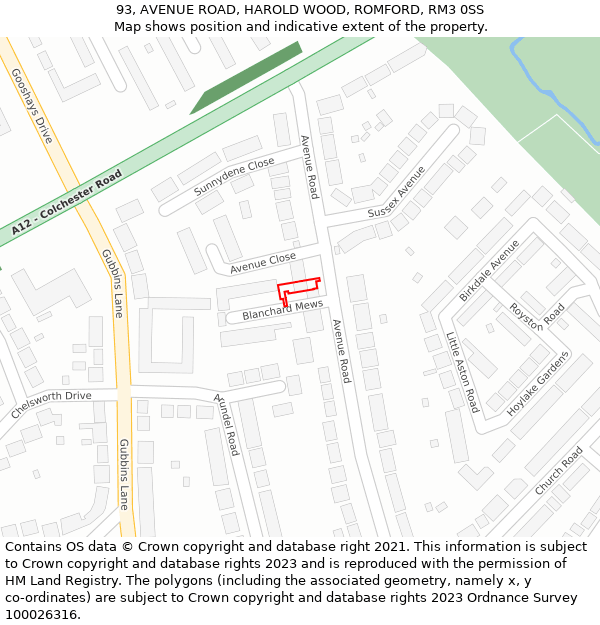 93, AVENUE ROAD, HAROLD WOOD, ROMFORD, RM3 0SS: Location map and indicative extent of plot