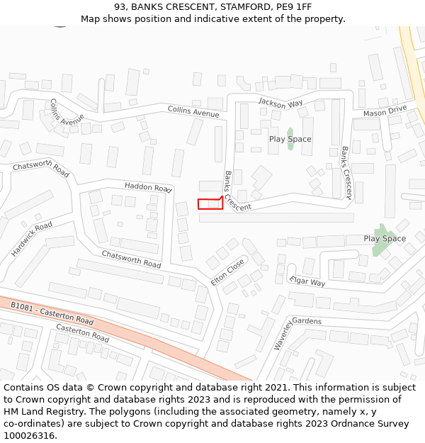 93, BANKS CRESCENT, STAMFORD, PE9 1FF: Location map and indicative extent of plot