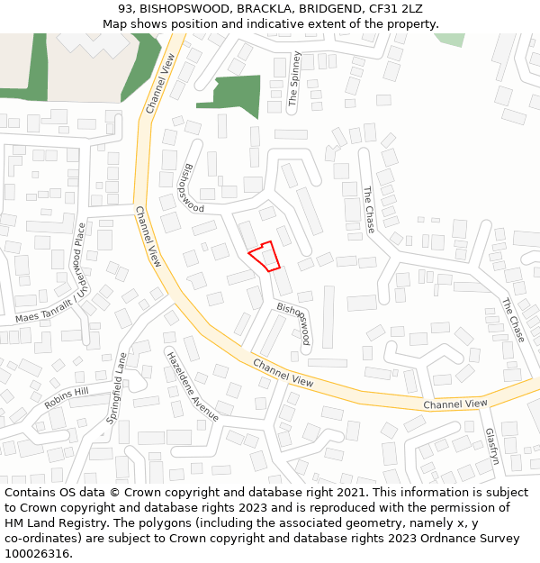 93, BISHOPSWOOD, BRACKLA, BRIDGEND, CF31 2LZ: Location map and indicative extent of plot