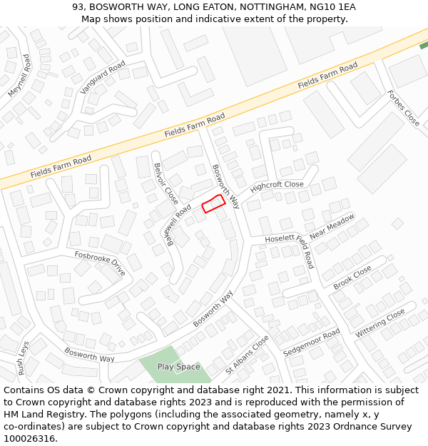 93, BOSWORTH WAY, LONG EATON, NOTTINGHAM, NG10 1EA: Location map and indicative extent of plot