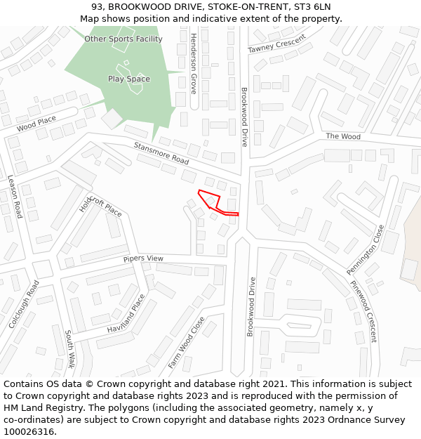 93, BROOKWOOD DRIVE, STOKE-ON-TRENT, ST3 6LN: Location map and indicative extent of plot
