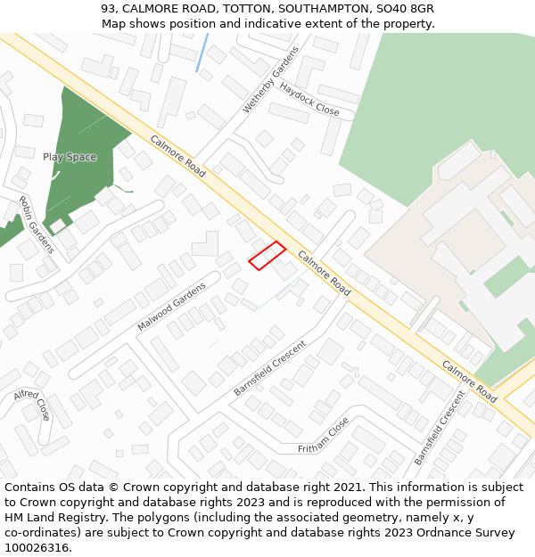 93, CALMORE ROAD, TOTTON, SOUTHAMPTON, SO40 8GR: Location map and indicative extent of plot