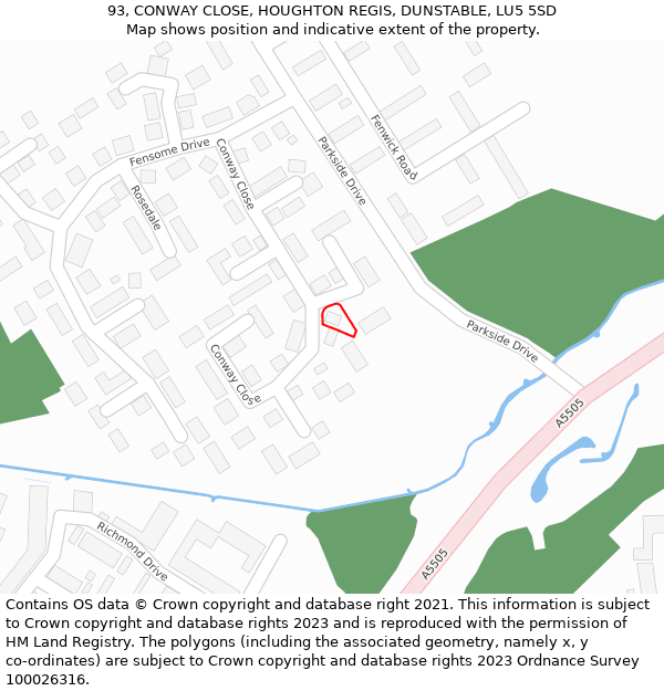 93, CONWAY CLOSE, HOUGHTON REGIS, DUNSTABLE, LU5 5SD: Location map and indicative extent of plot