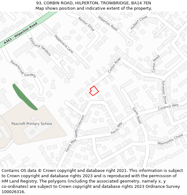 93, CORBIN ROAD, HILPERTON, TROWBRIDGE, BA14 7EN: Location map and indicative extent of plot