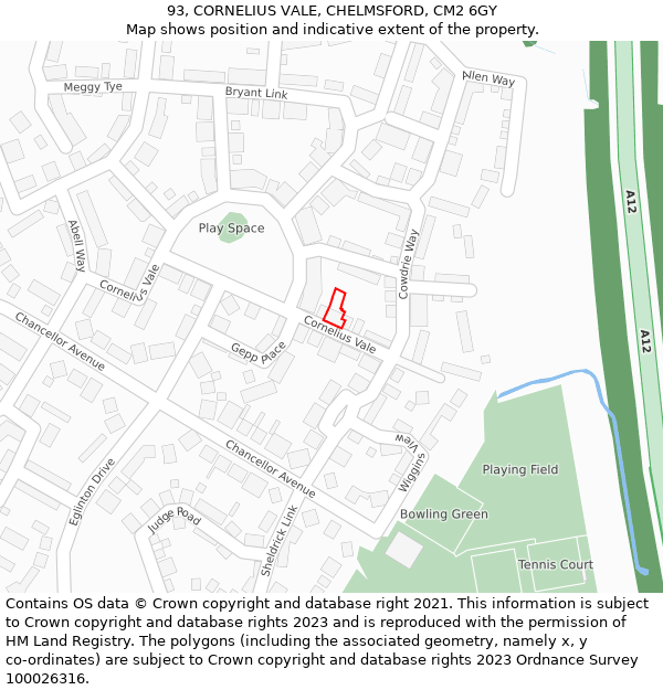 93, CORNELIUS VALE, CHELMSFORD, CM2 6GY: Location map and indicative extent of plot