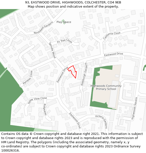 93, EASTWOOD DRIVE, HIGHWOODS, COLCHESTER, CO4 9EB: Location map and indicative extent of plot