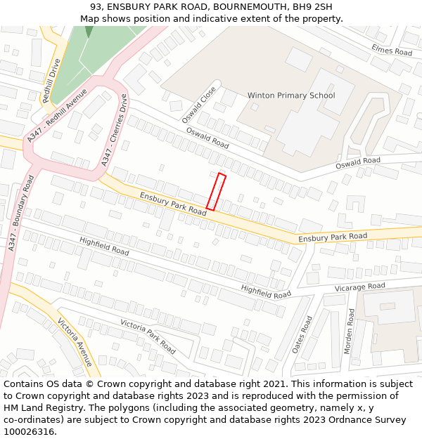 93, ENSBURY PARK ROAD, BOURNEMOUTH, BH9 2SH: Location map and indicative extent of plot