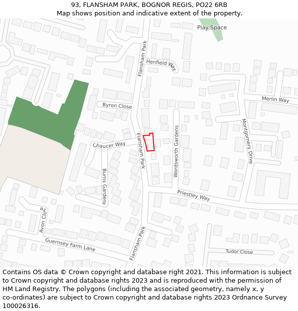 93, FLANSHAM PARK, BOGNOR REGIS, PO22 6RB: Location map and indicative extent of plot