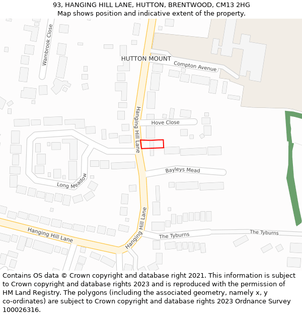 93, HANGING HILL LANE, HUTTON, BRENTWOOD, CM13 2HG: Location map and indicative extent of plot
