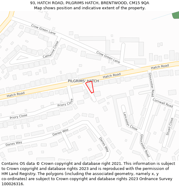 93, HATCH ROAD, PILGRIMS HATCH, BRENTWOOD, CM15 9QA: Location map and indicative extent of plot