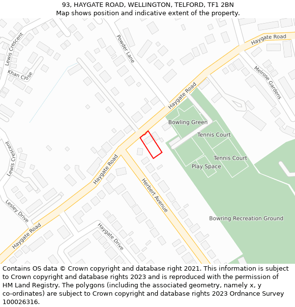93, HAYGATE ROAD, WELLINGTON, TELFORD, TF1 2BN: Location map and indicative extent of plot