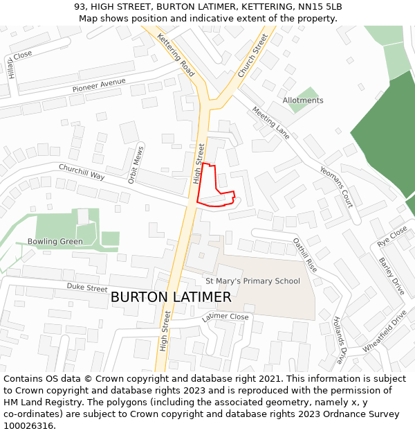 93, HIGH STREET, BURTON LATIMER, KETTERING, NN15 5LB: Location map and indicative extent of plot