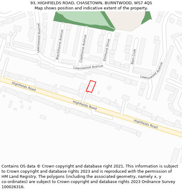 93, HIGHFIELDS ROAD, CHASETOWN, BURNTWOOD, WS7 4QS: Location map and indicative extent of plot