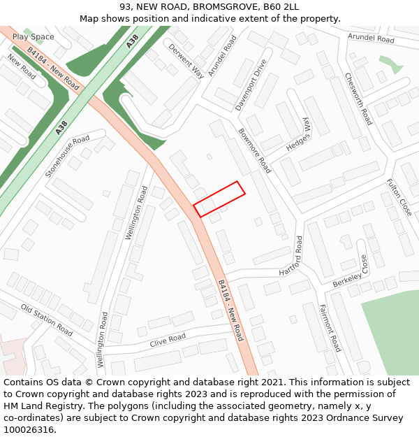 93, NEW ROAD, BROMSGROVE, B60 2LL: Location map and indicative extent of plot