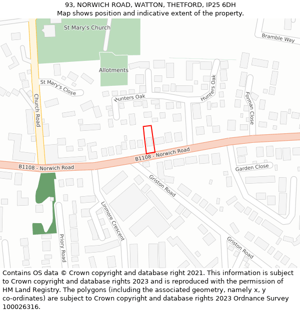 93, NORWICH ROAD, WATTON, THETFORD, IP25 6DH: Location map and indicative extent of plot