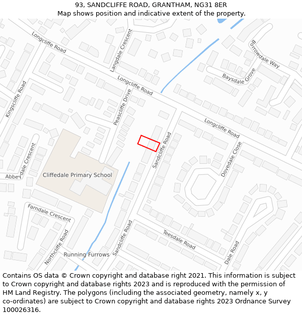 93, SANDCLIFFE ROAD, GRANTHAM, NG31 8ER: Location map and indicative extent of plot